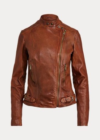 Tmavě hnědé dámské kožené moto bundy Ralph Lauren