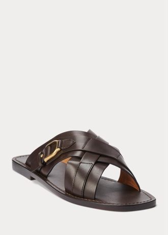 Tmavě hnědé pánské pantofle Ralph Lauren Welington z telecí kůže