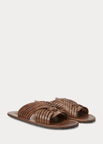 Tmavě hnědé pánské pletené kožené pantofle Ralph Lauren