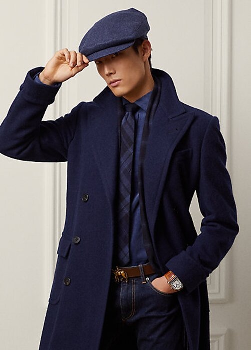 Tmavé námořnické pánské kabáty Ralph Lauren ručně vyráběné vlněné rybí kosti Tmavé námořnické pánské kabáty Ralph Lauren ručně vyráběné vlněné rybí kosti