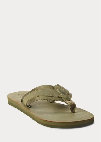 Tmavě olivové pánské semišové žabky Ralph Lauren Grosgrain-Trim