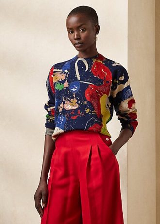Vícebarevné dámské bavlněné svetry s výstřihem Ralph Lauren Print Vícebarevné dámské bavlněné svetry s výstřihem Ralph Lauren Print