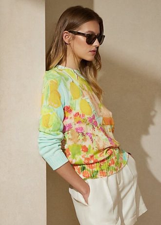 Vícebarevné dámské bavlněné svetry s výstřihem Ralph Lauren Print Vícebarevné dámské bavlněné svetry s výstřihem Ralph Lauren Print