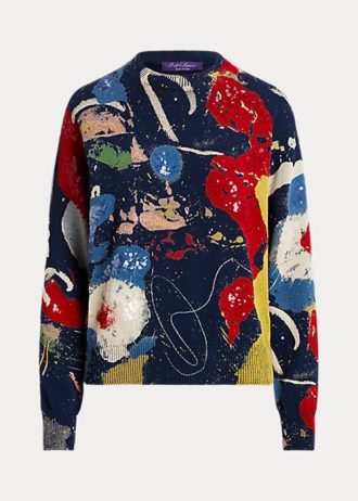 Vícebarevné dámské bavlněné svetry s výstřihem Ralph Lauren Print Vícebarevné dámské bavlněné svetry s výstřihem Ralph Lauren Print