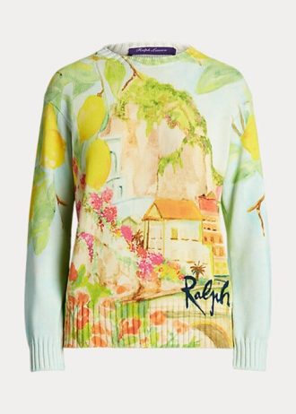 Vícebarevné dámské bavlněné svetry s výstřihem Ralph Lauren Print Vícebarevné dámské bavlněné svetry s výstřihem Ralph Lauren Print