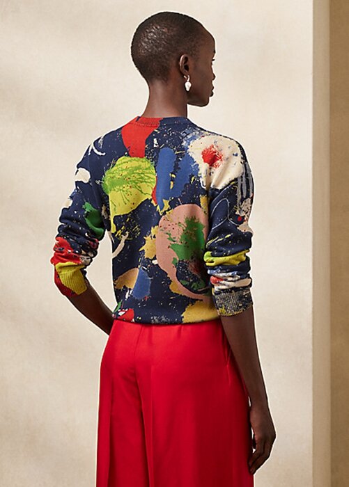 Vícebarevné dámské bavlněné svetry s výstřihem Ralph Lauren Print Vícebarevné dámské bavlněné svetry s výstřihem Ralph Lauren Print