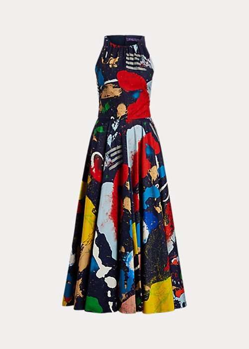 Vícebarevné dámské denní šaty Ralph Lauren Renshaw s potiskem z bavlněného saténu Vícebarevné dámské denní šaty Ralph Lauren Renshaw s potiskem z bavlněného saténu