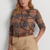 Vícebarevné dámské kostkované strečové bavlněné topy s dlouhým rukávem Ralph Lauren