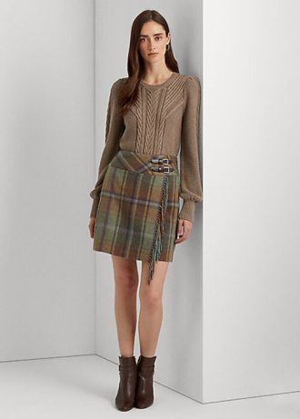 Vícebarevné dámské kostkované tvídové sukně Ralph Lauren s třásněmi Vícebarevné dámské kostkované tvídové sukně Ralph Lauren s třásněmi