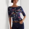 Vícebarevná dámská trička Ralph Lauren Floral Stretch bavlna Boatneck