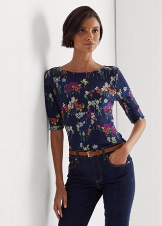 Vícebarevná dámská trička Ralph Lauren Floral Stretch bavlna Boatneck