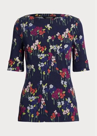 Vícebarevná dámská trička Ralph Lauren Floral Stretch bavlna Boatneck