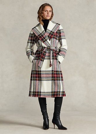 Vícebarevné dámské zavinovací kabáty Ralph Lauren kostkované vlny se směsí rybí kosti Vícebarevné dámské zavinovací kabáty Ralph Lauren kostkované vlny se směsí rybí kosti