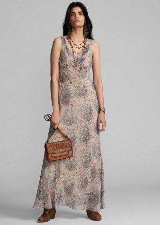 Vícebarevné / hnědé dámské šaty Ralph Lauren s květinovým zřaseným hedvábným šifonem