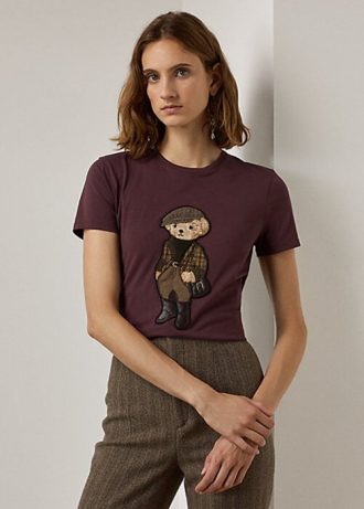Vínová dámská bavlněná trička Ralph Lauren Tweed Polo Bear