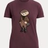Vínová dámská bavlněná trička Ralph Lauren Tweed Polo Bear