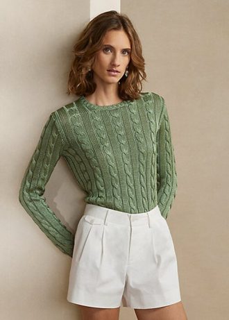 Zelené dámské svetry Ralph Lauren Cable-Knit Silk Crewneck