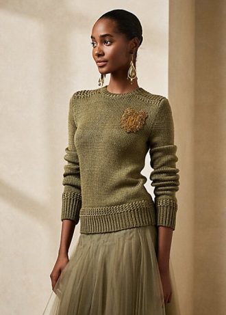 Zelené dámské svetry Ralph Lauren zdobené hedvábnou směsí s Crewneck Zelené dámské svetry Ralph Lauren zdobené hedvábnou směsí s Crewneck