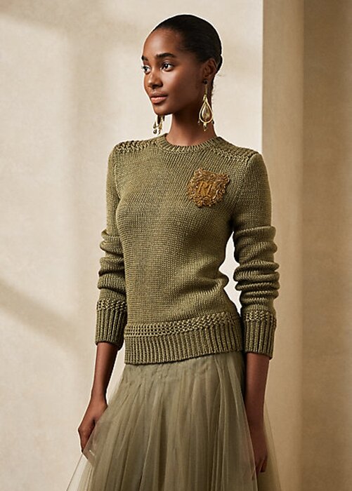 Zelené dámské svetry Ralph Lauren zdobené hedvábnou směsí s Crewneck Zelené dámské svetry Ralph Lauren zdobené hedvábnou směsí s Crewneck
