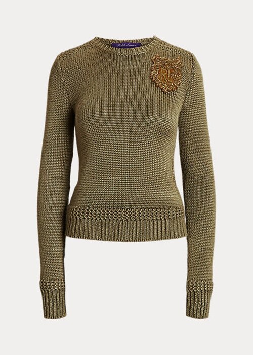 Zelené dámské svetry Ralph Lauren zdobené hedvábnou směsí s Crewneck Zelené dámské svetry Ralph Lauren zdobené hedvábnou směsí s Crewneck