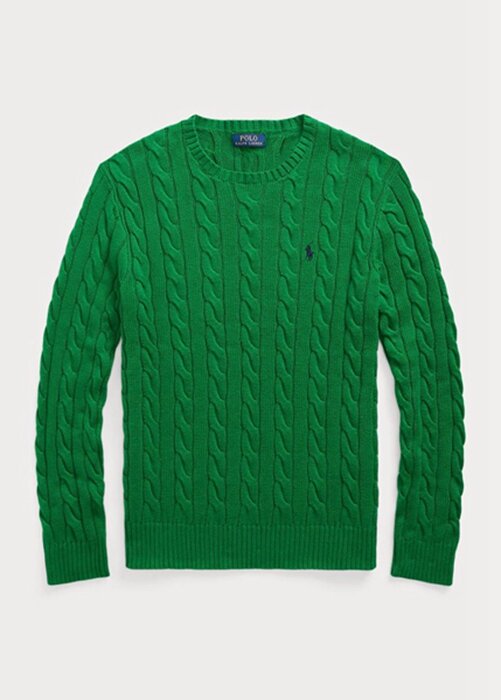Zelené pánské svetry Ralph Lauren Bavlněné svetry s kabelovým úpletem Zelené pánské svetry Ralph Lauren Bavlněné svetry s kabelovým úpletem